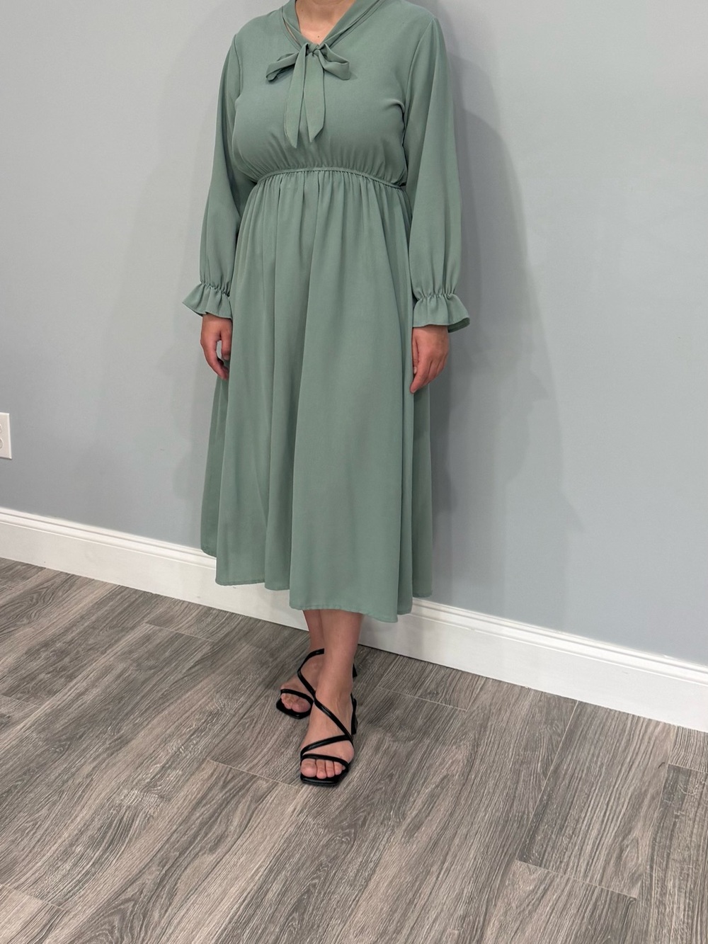 Tie-Neck Long Sleeve Midi Dress in Sage Green